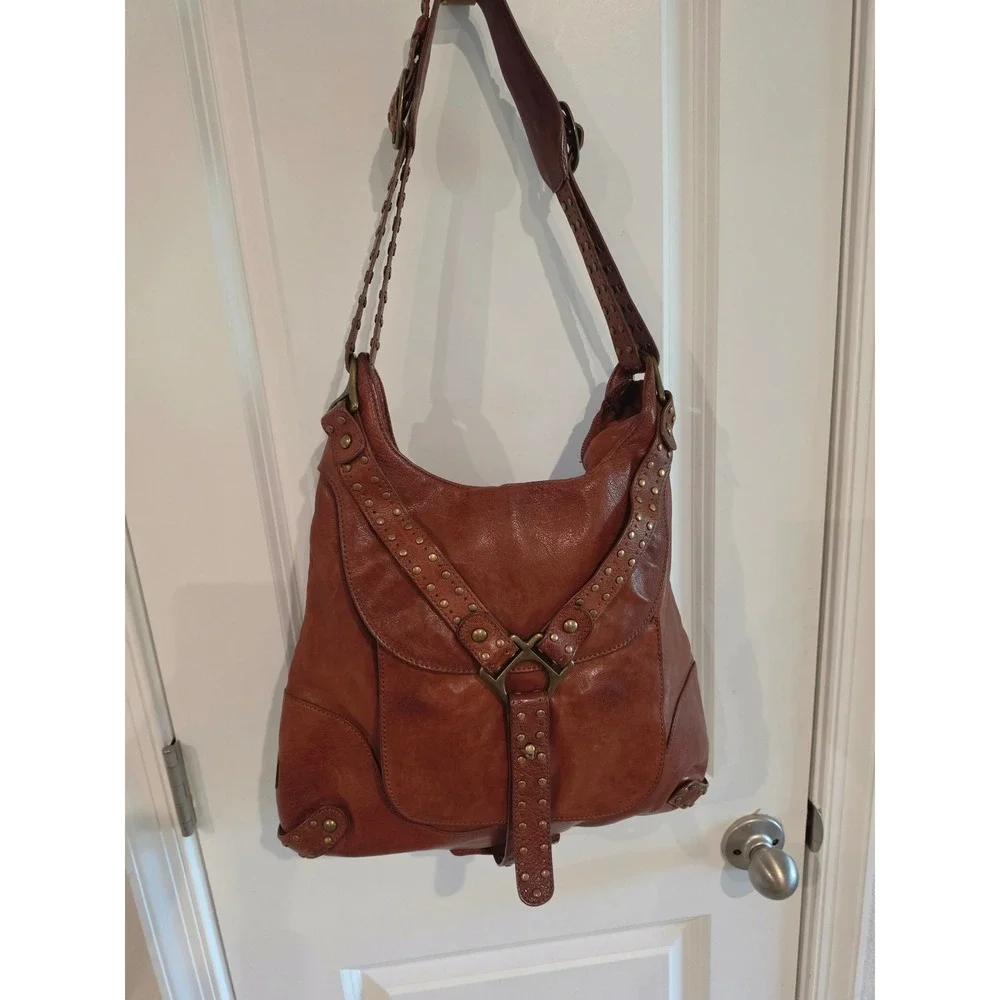 Koba Cognac Brown Leather Studded Hobo Shoulder Bag Brass Hardware Boho
